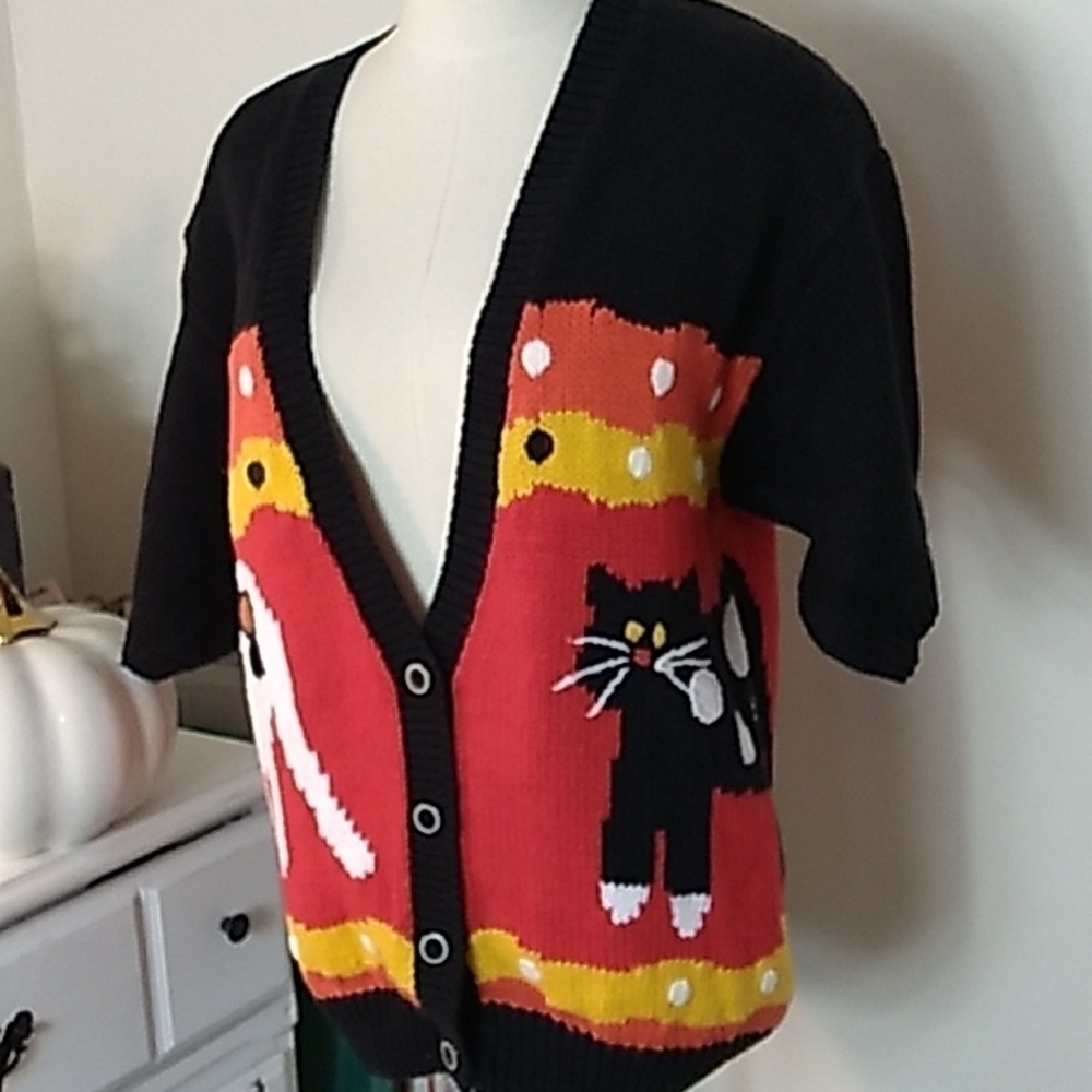 Vintage Sharon Young medium cat 🐈😻🐈⬛ sweater cardigan short sleeve